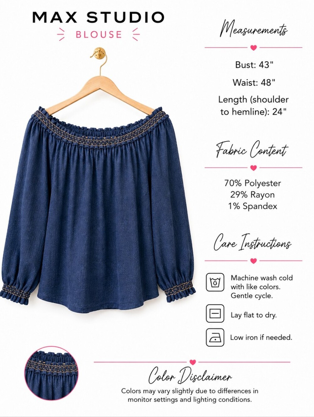 MAX STUDIO | Blue Off Shoulder Peasant Blouse | Size Small | Romantic Top - Picture 4 of 8